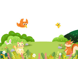 卡通草地花丛可爱小动物春天元素GIF动态图草地元素